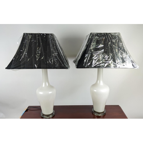 161 - TABLE LAMPS, a pair, each 86cm tall overall, including shade, with white base. (2)