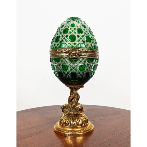 21 - FABERGE EGG, green cut crystal number nine, hinged top opening to reveal green enamel foliate displa... 