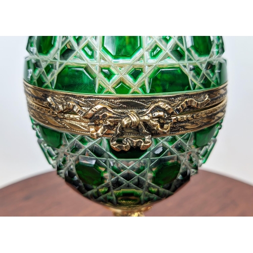 21 - FABERGE EGG, green cut crystal number nine, hinged top opening to reveal green enamel foliate displa... 