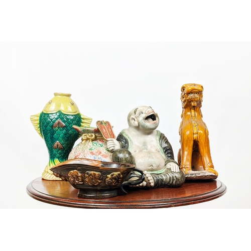 23 - CHINESE MONOCHROME-GLAZED DOG OF FOO, a Chinese seated figural vase bear Christies label, a double f... 