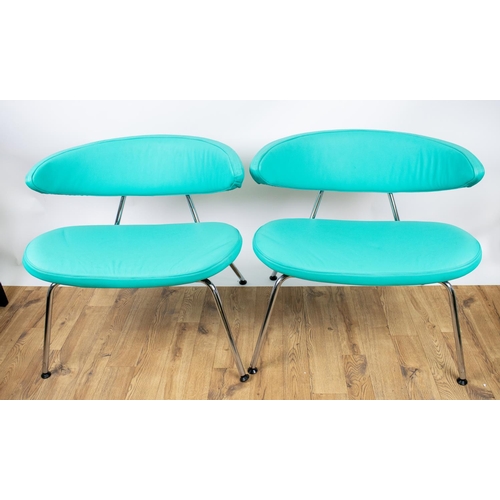 308 - ARMCHAIRS, 71cm H x 80cm W, a pair, turquoise upholstery and chrome of crescent form. (2)