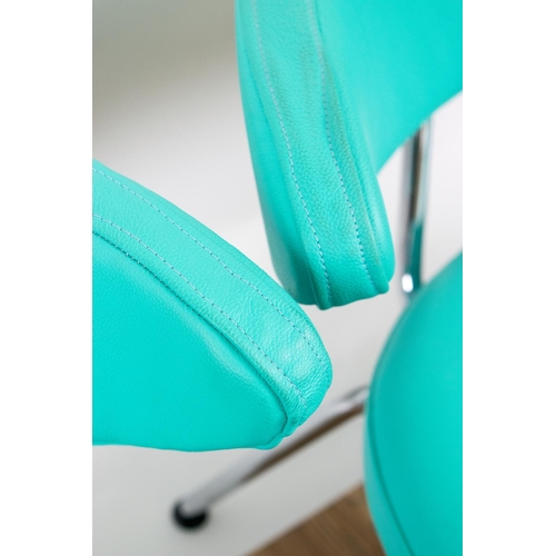 308 - ARMCHAIRS, 71cm H x 80cm W, a pair, turquoise upholstery and chrome of crescent form. (2)