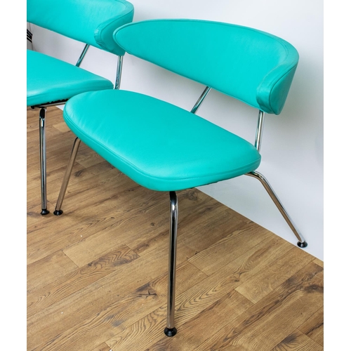 308 - ARMCHAIRS, 71cm H x 80cm W, a pair, turquoise upholstery and chrome of crescent form. (2)