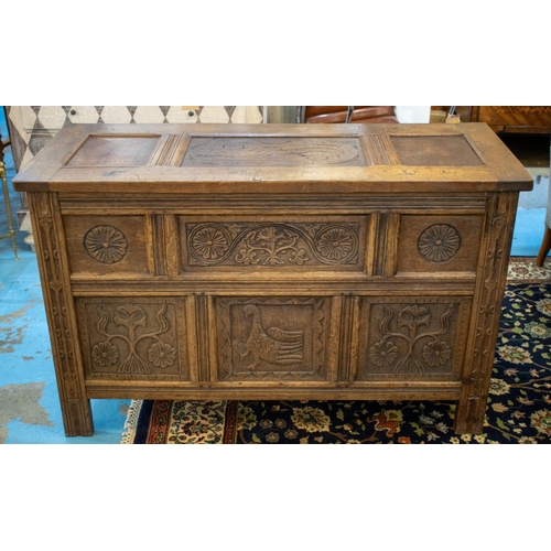 169 - COFFER, 76cm H x 120cm W x 50cm D, Jacobean design oak with carved panels, possibly incorporating ea... 