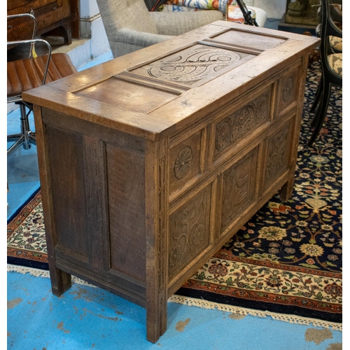 169 - COFFER, 76cm H x 120cm W x 50cm D, Jacobean design oak with carved panels, possibly incorporating ea... 