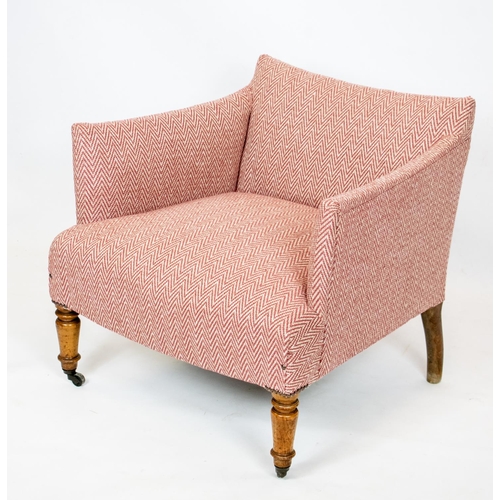 170 - BERGERE, 63cm H x 69cm W, Napoleon III beechwood in pink herringbone fabric on wood front castors.