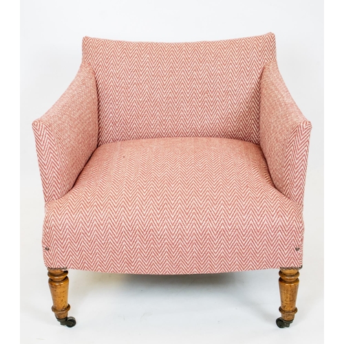 170 - BERGERE, 63cm H x 69cm W, Napoleon III beechwood in pink herringbone fabric on wood front castors.