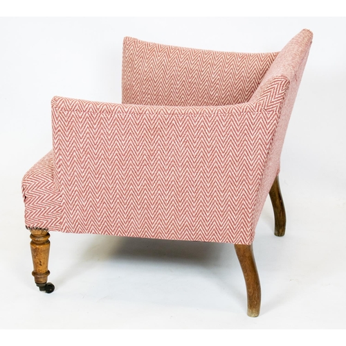 170 - BERGERE, 63cm H x 69cm W, Napoleon III beechwood in pink herringbone fabric on wood front castors.