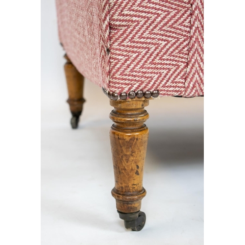 170 - BERGERE, 63cm H x 69cm W, Napoleon III beechwood in pink herringbone fabric on wood front castors.