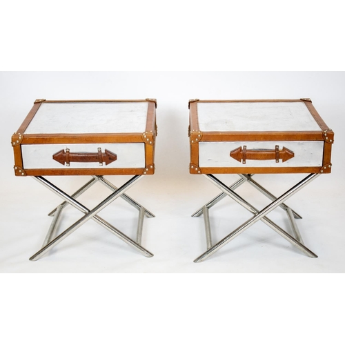 176 - SIDE TABLES, 54cm H x 52cm W x 46cm D, a pair, aviator style aluminium and leather bound, each with ... 