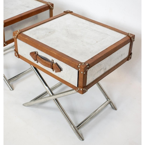 176 - SIDE TABLES, 54cm H x 52cm W x 46cm D, a pair, aviator style aluminium and leather bound, each with ... 