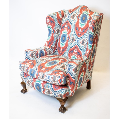 178 - WING ARMCHAIR, 122cm H x 81cm W, George III style, in Robert Kime Ikat fabric.