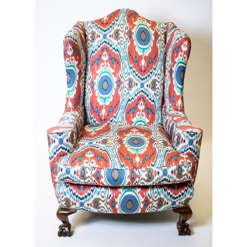 178 - WING ARMCHAIR, 122cm H x 81cm W, George III style, in Robert Kime Ikat fabric.