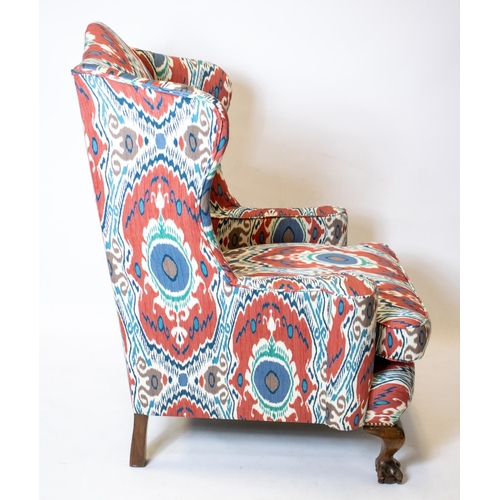 178 - WING ARMCHAIR, 122cm H x 81cm W, George III style, in Robert Kime Ikat fabric.