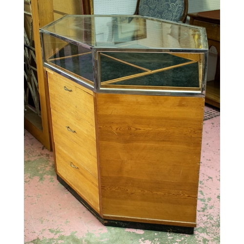 180 - DISPLAY CABINET, 92cm H x 118cm W x 65cm D, mid 20th century pine and chrome with glazed top, black ... 