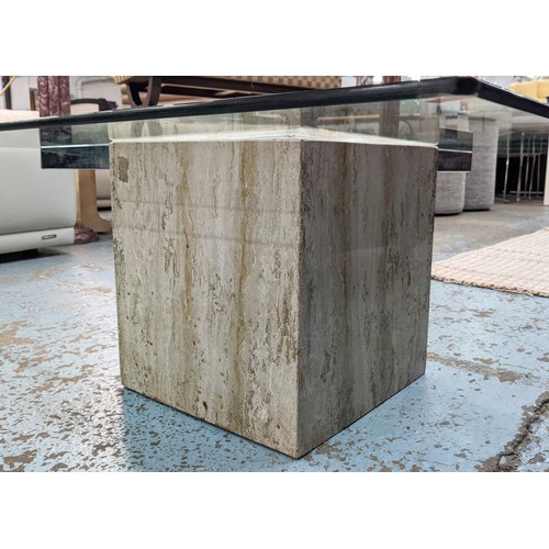 112 - COFFEE TABLE, 100cm x 100cm x 40cm H, circa 1970's the glass top on a travertine base.