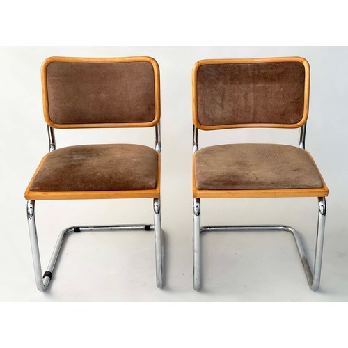 158 - ARMCHAIRS, a pair, Italian cesa style beech framed, suede upholstered on cantilever chrome frame, 47... 