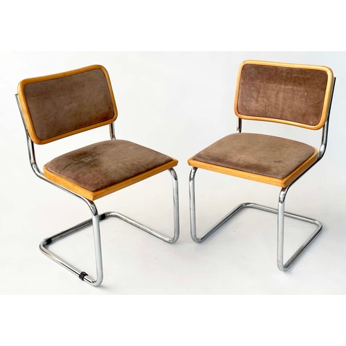 158 - ARMCHAIRS, a pair, Italian cesa style beech framed, suede upholstered on cantilever chrome frame, 47... 