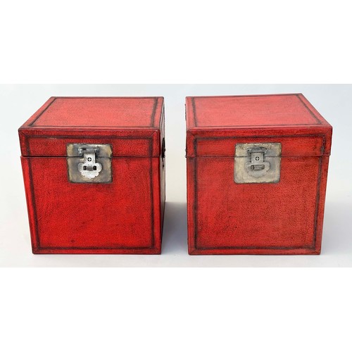 152 - TRUNKS, a pair, Chinese scarlet lacquered and silvered metal mounted, 40cm x 40cm x 39.5cm. (2)