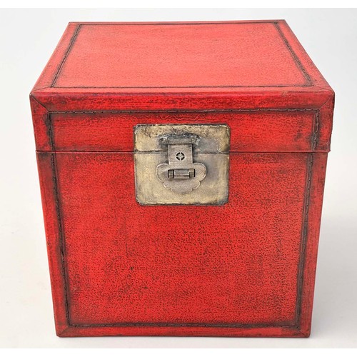 152 - TRUNKS, a pair, Chinese scarlet lacquered and silvered metal mounted, 40cm x 40cm x 39.5cm. (2)