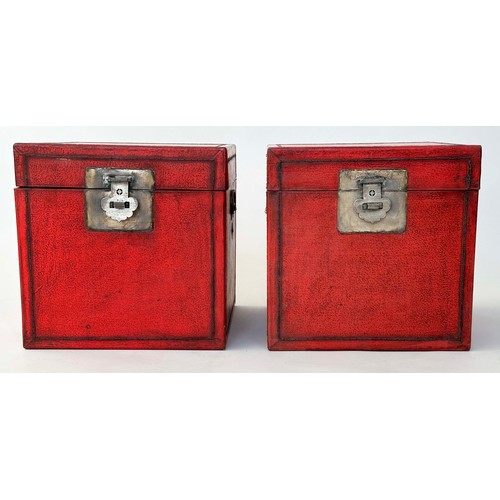 152 - TRUNKS, a pair, Chinese scarlet lacquered and silvered metal mounted, 40cm x 40cm x 39.5cm. (2)