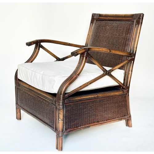 147 - ARMCHAIR, rattan and wicker panelled and cane bound with 'X' arm supports and cushion, 66cm W.