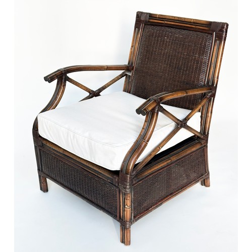 147 - ARMCHAIR, rattan and wicker panelled and cane bound with 'X' arm supports and cushion, 66cm W.