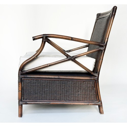 147 - ARMCHAIR, rattan and wicker panelled and cane bound with 'X' arm supports and cushion, 66cm W.