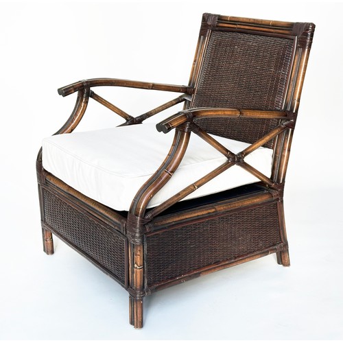 147 - ARMCHAIR, rattan and wicker panelled and cane bound with 'X' arm supports and cushion, 66cm W.