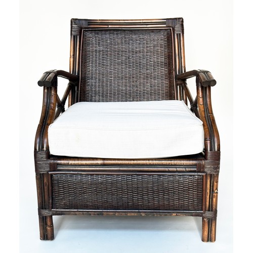 147 - ARMCHAIR, rattan and wicker panelled and cane bound with 'X' arm supports and cushion, 66cm W.