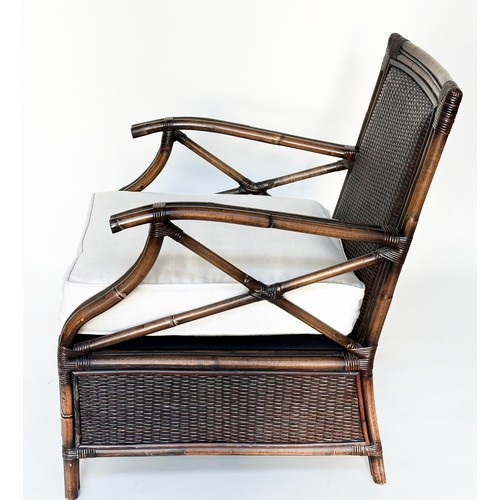 147 - ARMCHAIR, rattan and wicker panelled and cane bound with 'X' arm supports and cushion, 66cm W.