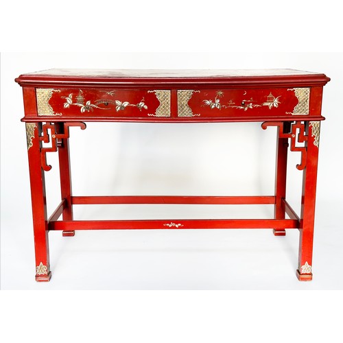 149 - SIDE TABLE, Chinese scarlet lacquered with gilt chinoiserie decoration, two frieze drawers and stret... 