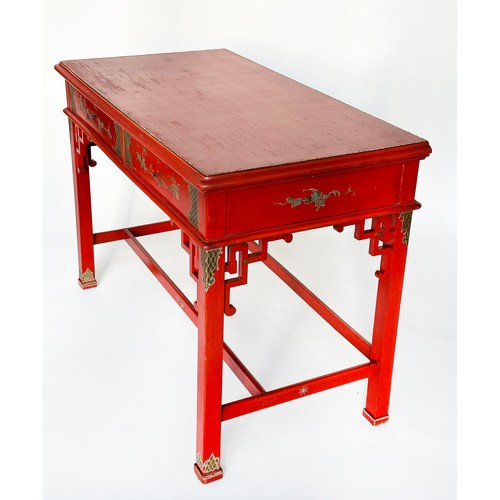 149 - SIDE TABLE, Chinese scarlet lacquered with gilt chinoiserie decoration, two frieze drawers and stret... 