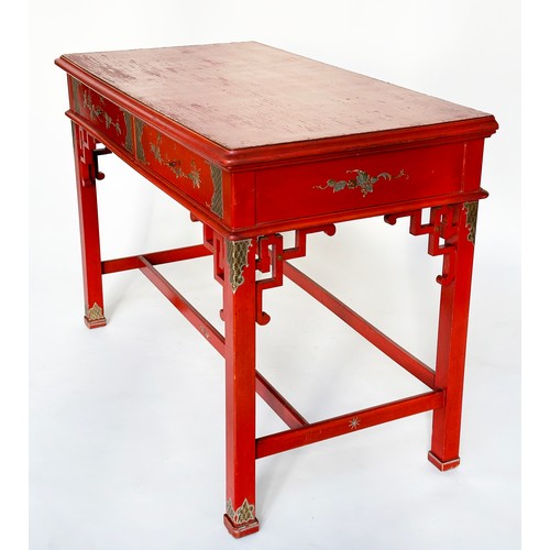 149 - SIDE TABLE, Chinese scarlet lacquered with gilt chinoiserie decoration, two frieze drawers and stret... 