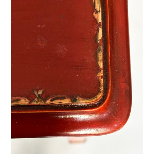 149 - SIDE TABLE, Chinese scarlet lacquered with gilt chinoiserie decoration, two frieze drawers and stret... 