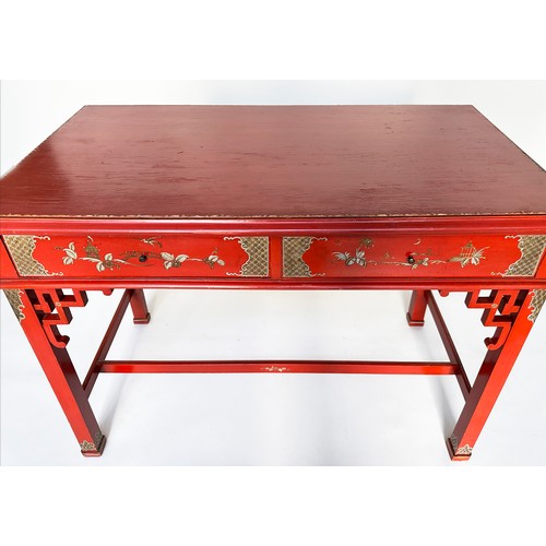 149 - SIDE TABLE, Chinese scarlet lacquered with gilt chinoiserie decoration, two frieze drawers and stret... 