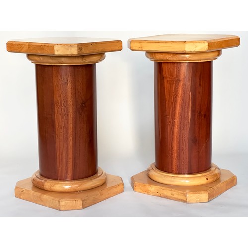 153 - COLUMNS, a pair, mahogany veneered with canted corner tops and plinths, 45cm x 45cm x 80cm H. (2)