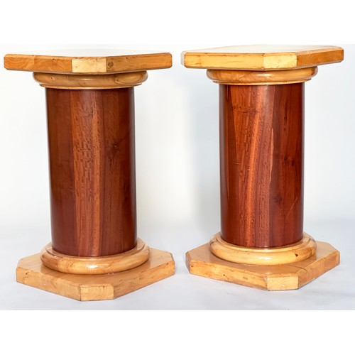 153 - COLUMNS, a pair, mahogany veneered with canted corner tops and plinths, 45cm x 45cm x 80cm H. (2)