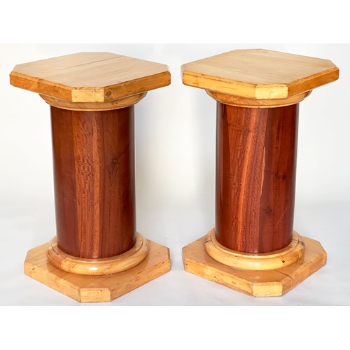 153 - COLUMNS, a pair, mahogany veneered with canted corner tops and plinths, 45cm x 45cm x 80cm H. (2)