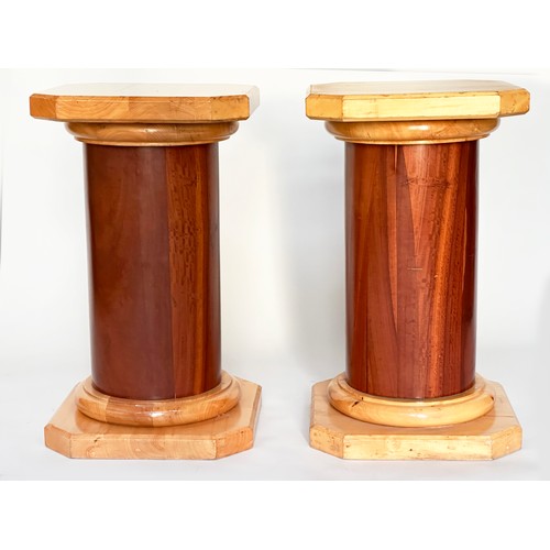 153 - COLUMNS, a pair, mahogany veneered with canted corner tops and plinths, 45cm x 45cm x 80cm H. (2)