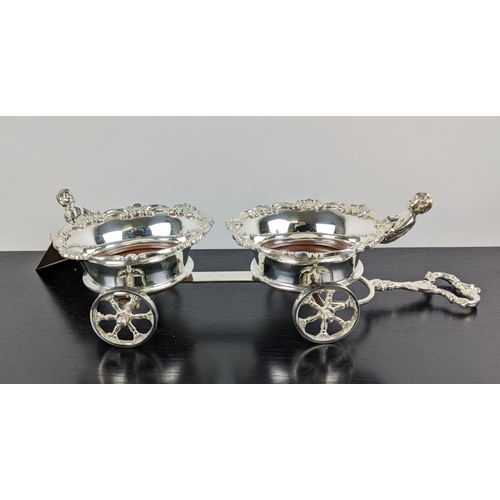 352 - BOTTLE COASTER CART, Victorian style, polished metal, 54cm x 17.5cm x 14.5cm H approx.