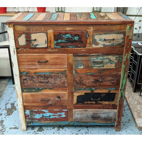 382 - CHEST OF DRAWERS, two differing, each with an aged finish, one with vintage style lettering, 100cm x... 