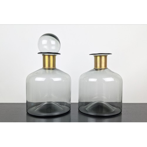 349 - DECANTERS, a pair, Murano style glass, gilt metal collars, 38cm H at tallest. (2)