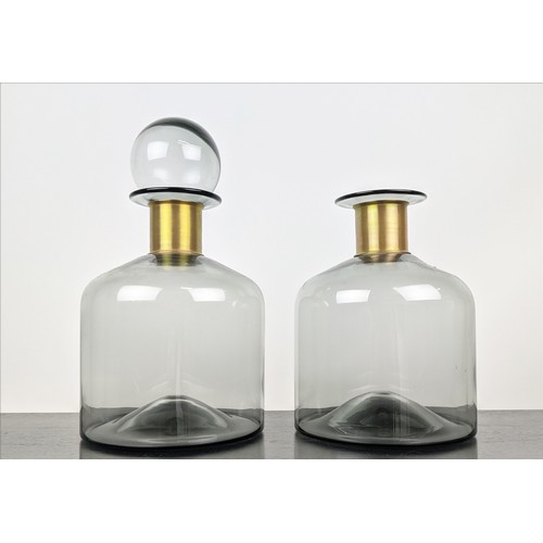 349 - DECANTERS, a pair, Murano style glass, gilt metal collars, 38cm H at tallest. (2)