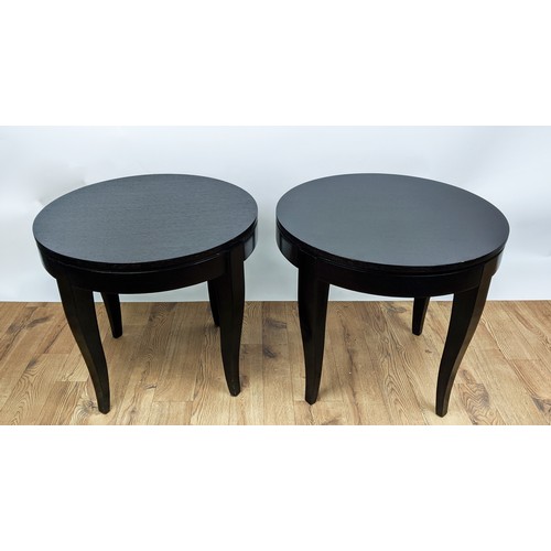 359 - SIDE TABLES, a pair, ebonised, each with a circular top, 60cm diam x 52cm H. (2)