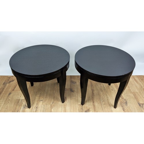 359 - SIDE TABLES, a pair, ebonised, each with a circular top, 60cm diam x 52cm H. (2)