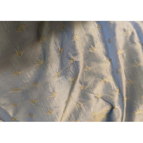 360 - SILK CURTAINS, silver blue yellow motif embroidered motifs, cream linings, gathered 100cm W x 330cm ... 