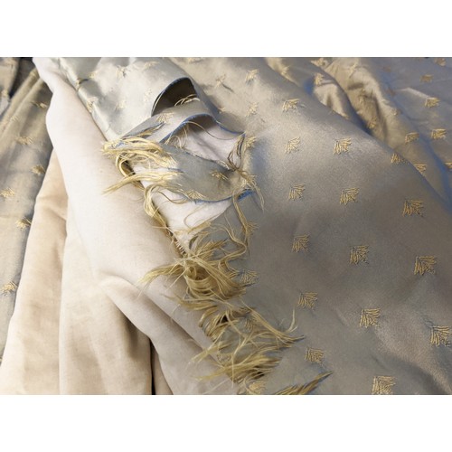 360 - SILK CURTAINS, silver blue yellow motif embroidered motifs, cream linings, gathered 100cm W x 330cm ... 