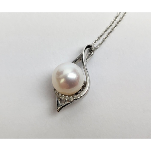 53 - A 9CT WHITE GOLD AND PEARL AND DIAMOND PENDANT NECKLACE, with a single row of diamonds below the pea... 