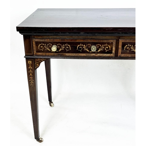 441 - WRITING TABLE, 74cm H x 98cm x 51cm, Edwardian mahogany and penwork marquetry with two drawers on ce... 